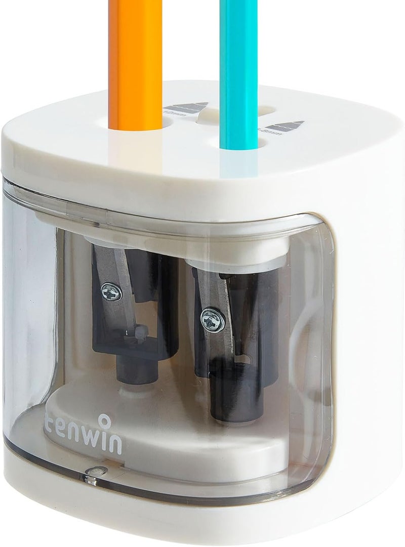 tenwin Electric Pencil Sharpener, Dual Hole Pencil Sharpeners Battery Powered, Small&Portable, Fit for 6-12mm No.2/Colored Pencils, Kids, School/Home (White) - Image 1